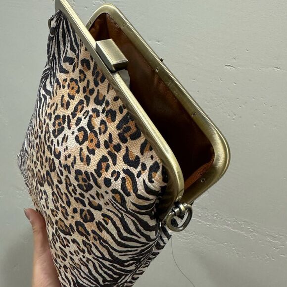 Handmade Genuine Embossed Leather Leopard Print, Metal Frame Handbag/Crossbody - Picture 8 of 14